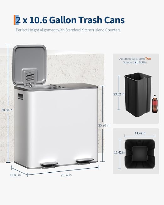 GarveeHome 2 x 10.6 gal Stainless Steel Double Trash Can - Image 3