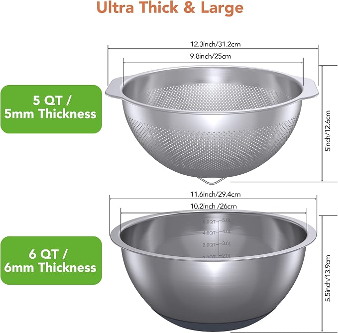 304 Stainless Steel Colander and Strainer, 5QT Large Capacity and 6QT Mixing - Image 7