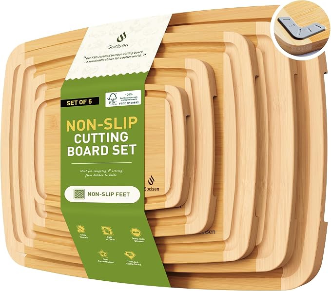 Bamboo Cutting Board Set Non Slip Feet Over Sink Eating Grilling Biard Cutboard by Socisen