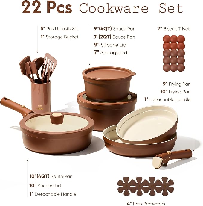 CAROTE 22Pcs Ceramic Cookware Set, Pots and Pans Set Non Stick Removable Handles - Image 7