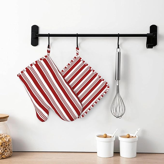 Abstract Red and White Striped Oven Mitts and Pot Holders Set - Image 7