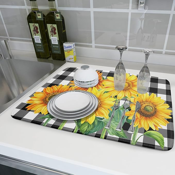 Sunflower Dish Drying Mat for Kitchen Counter Watercolor Black White Plaid - Image 6