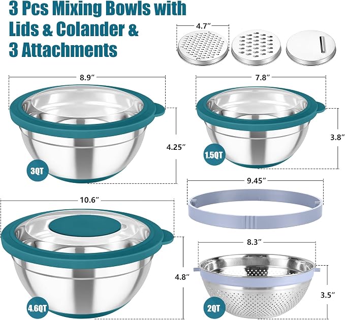 TeamFar Mixing Bowls with Colander Set, Stainless Steel Strainer and Nesting - Image 2