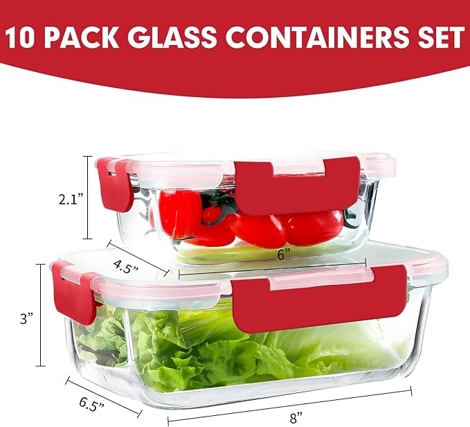 VERONES 10Pack Glass Meal Prep Containers, Airtight Glass Lunch Containers - Image 2