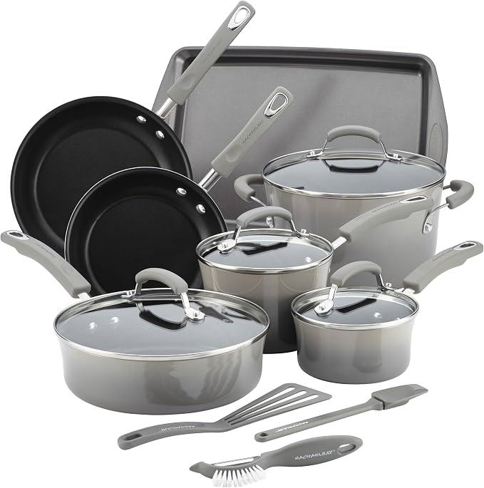 Rachael Ray Brights Nonstick Cookware Pots and Pans Set, 14 Piece, Sea Salt Gray by RachaelRayKitchenware