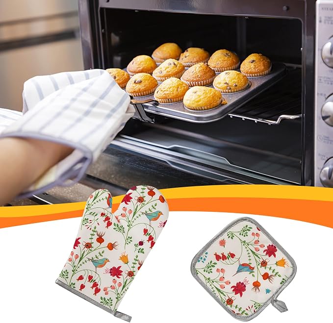 Kitchen Oven Mitts and Pot Holders Sets, Flower Bird Print Oven Gloves and - Image 4