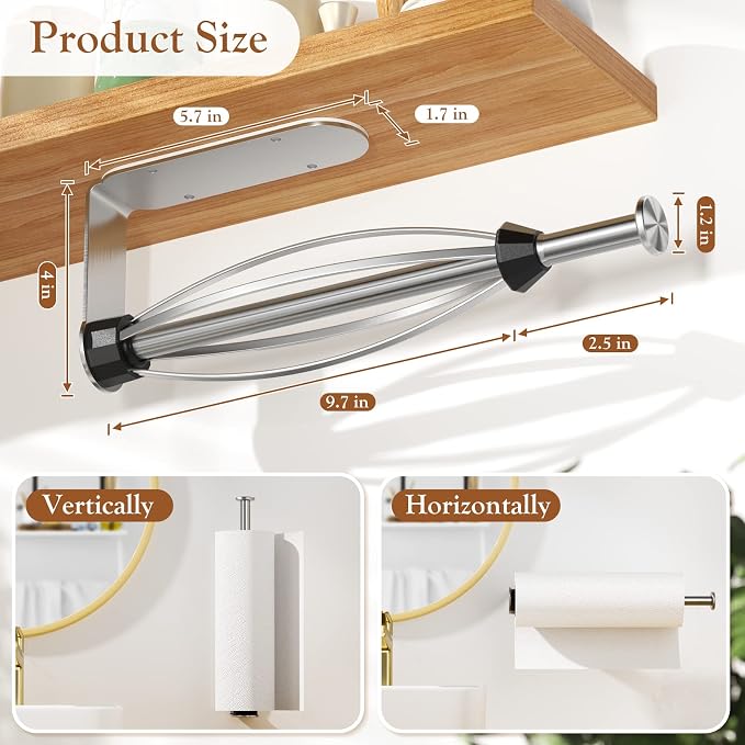Paper Towel Holder Under Cabinet + Towel Robe Hooks, Single Hand Operable Under - Image 3
