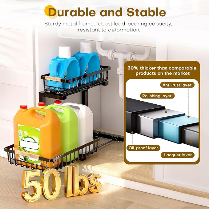 Under Sink Organizer, Heavy-Duty & Rust-Resistant Carbon Steel Metal, 2 Tier - Image 4
