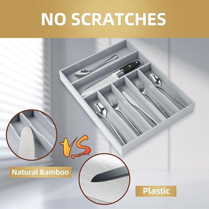 Besilord Silverware Organizer 13 Inch Gray Bamboo Kitchen Drawer Organizer 7 - Image 3