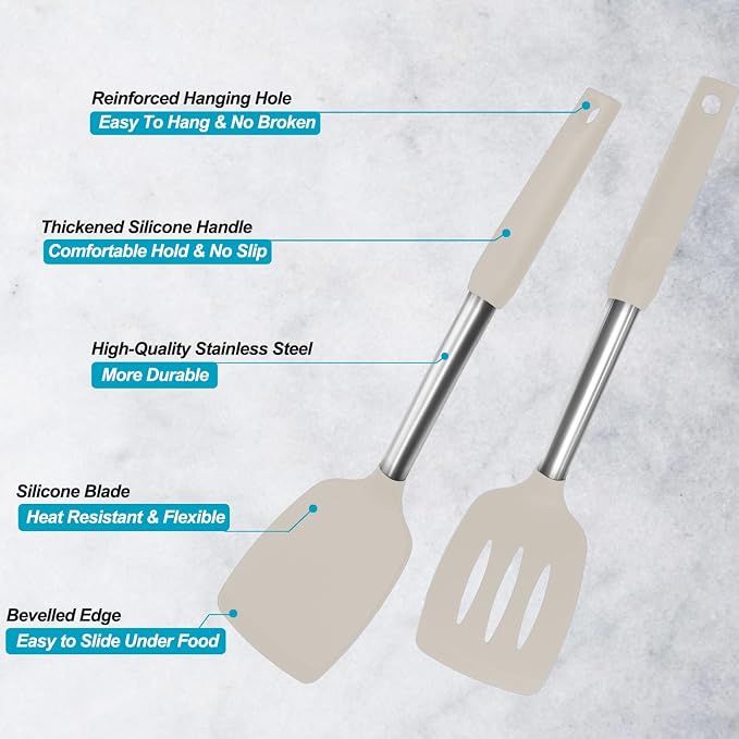 2 Pack Spatulas, Solid & Slotted Silicone Spatula Set, Stainless Steel Handle - Image 3
