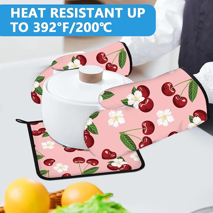 Cherry Oven Mitts and Pot Holders Sets Heat Resistant 4Pcs White Flower - Image 5