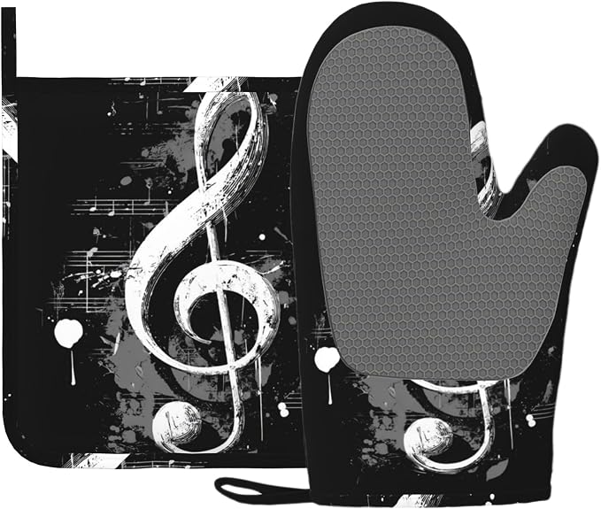Black Notes Oven Mitts and Pot Holders Sets Non-Slip Silicone Surface by Unknown