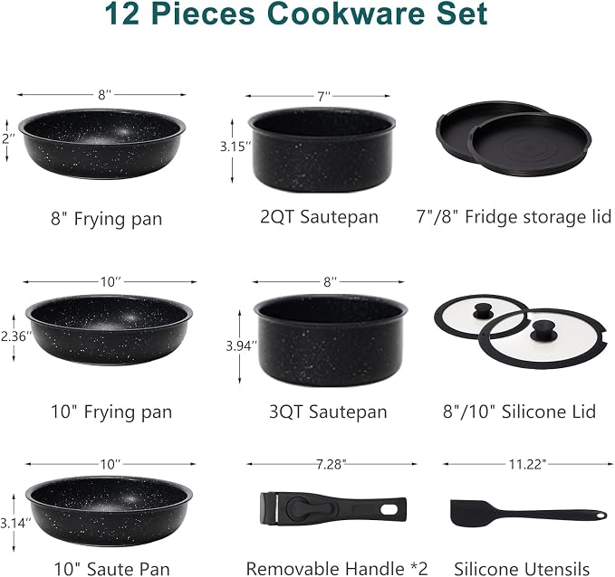 NEWBULIG 12-Piece Nonstick Cookware Set, Detachable Handle Pots and Pans - Image 2