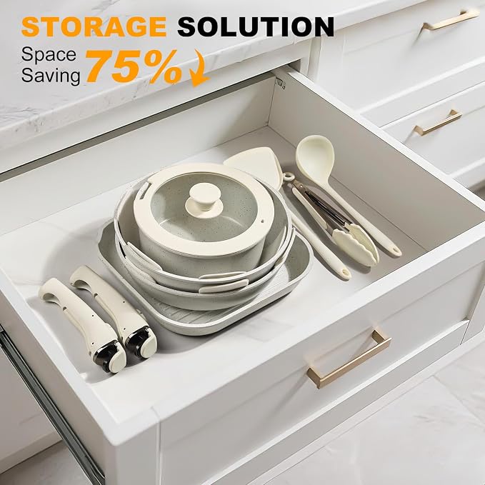 Pots and Pans Set Non Stick 20PCS, Ceramic Cookware Set Detachable Handle Non - Image 6