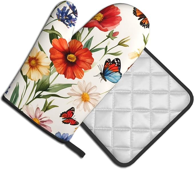 Cute Oven Mitts and Pot Holders Sets Poppy Daisy Flowers Kitchen Gloves - Image 7