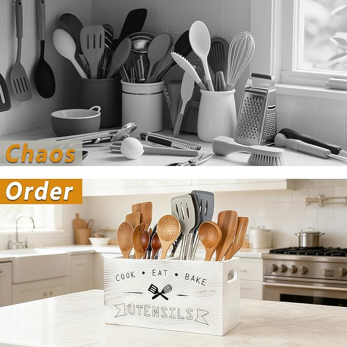 Large and Durable Retro White Wooden Kitchen Utensil Holder - Image 7