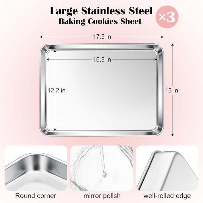 E-far Cookie Sheets Set of 3, 18”x13” Stainless Steel Baking Sheet Pans - Image 2