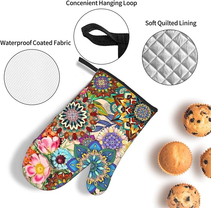 Boho Floral Oven Mitts and Pot Holders Sets, Heat Resistant Colorful Kitchen - Image 5