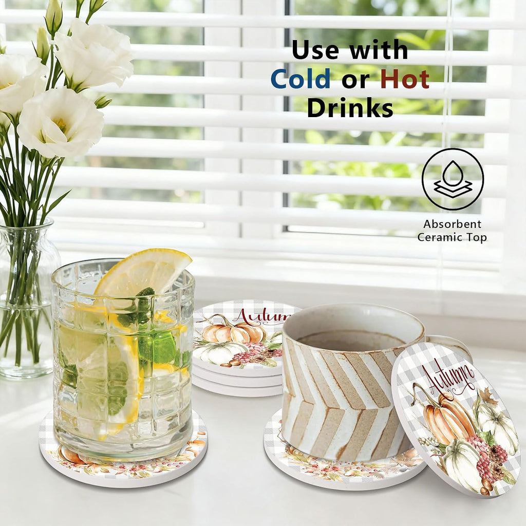 6Pcs Fall Plaid Pumpkin Coasters with Holder, White Pumpkin Ceramic