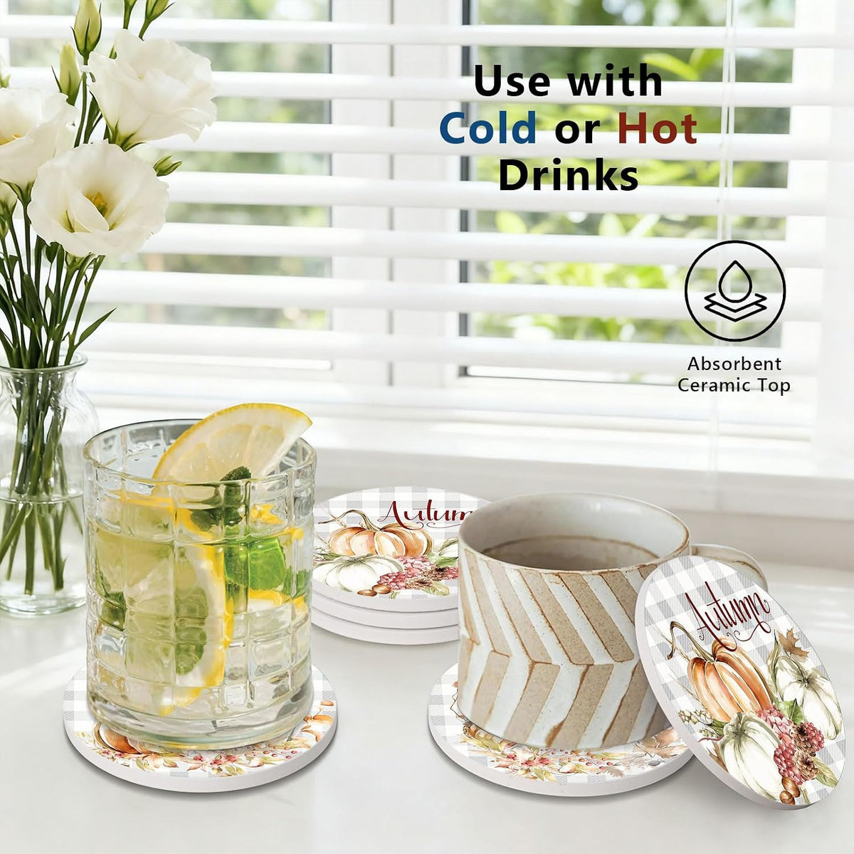 6Pcs Fall Plaid Pumpkin Coasters with Holder, White Pumpkin Ceramic