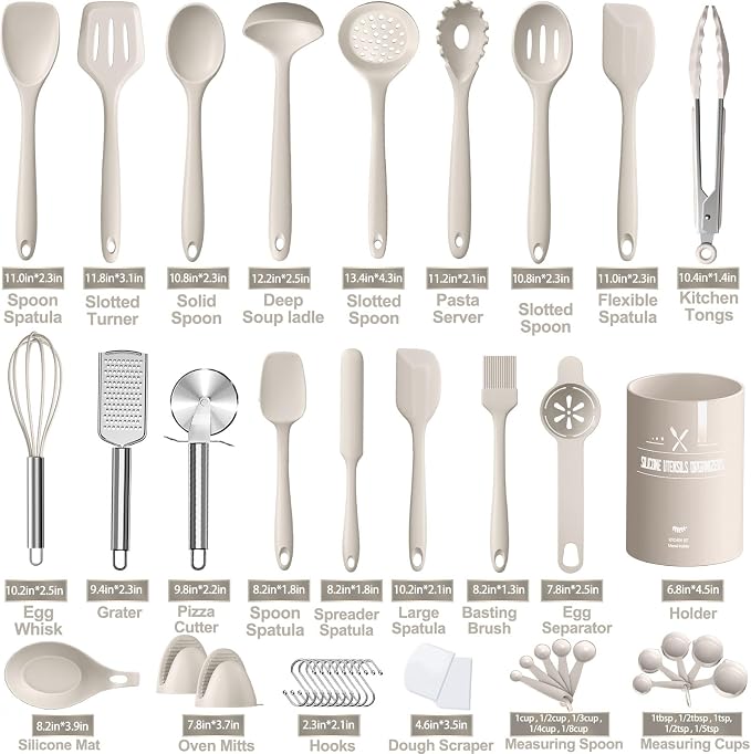 Silicone Kitchen cooking Utensils Set, AIKKIL 43 Pcs Heat Resistant Khaki - Image 2