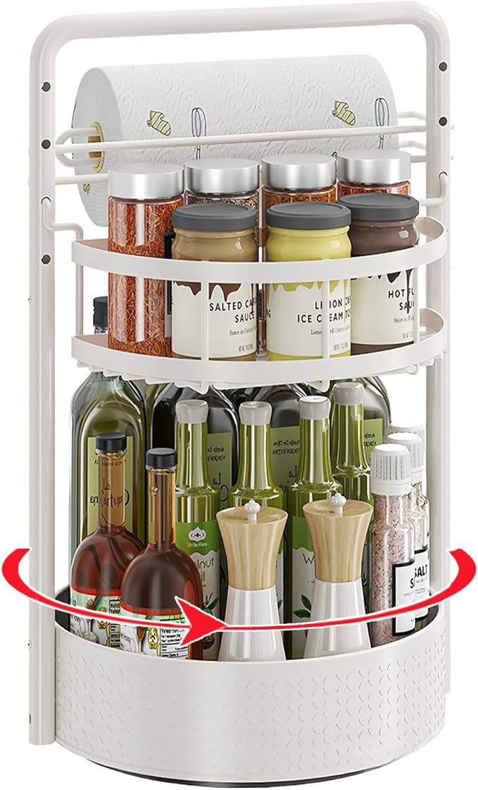 Rotating Spice Rack with Paper Towel Holder, 2 Tier Turntable Lazy Susan by CLOKTA