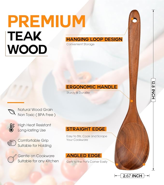Wooden Spoons for Cooking, Natural Premium Teak Wood Corner Spoon, Good Grip - Image 2
