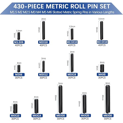 430 Pcs Roll Pin Set, Slotted Metric Spring Pins, Steel Split Expansion Pin - Image 2