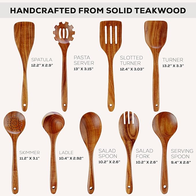 Zulay Kitchen 9-Piece Teak Wood Cooking Utensil Set – Non-Toxic & Non-Stick - Image 3