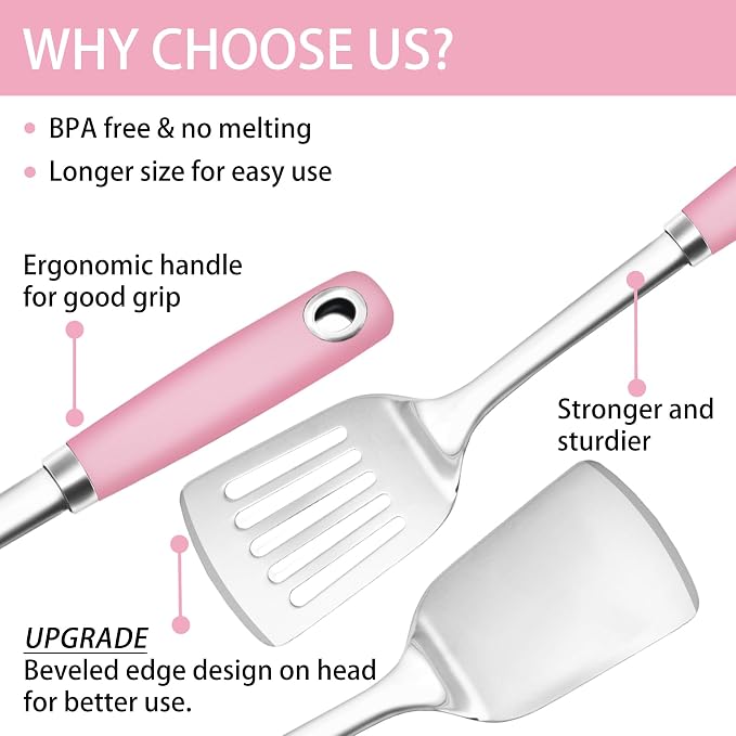18/0 Stainless Steel Cooking Utensils Set, Heavy Duty Pink Handle - Image 5