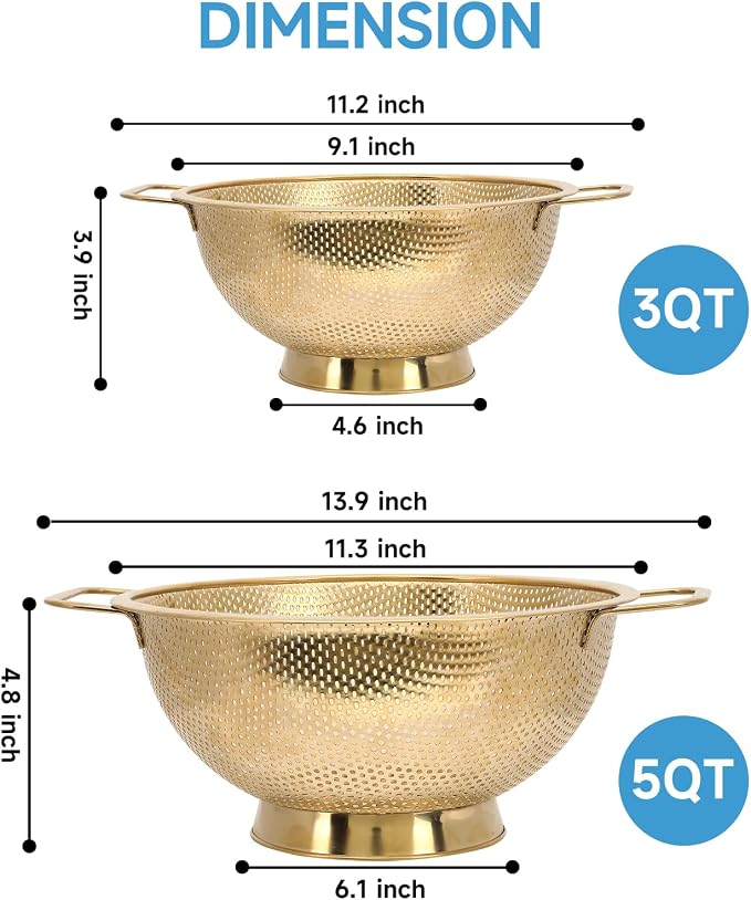 2PCS Gold Strainer for Kitchen, 3QT and 5QT, Stainless Steel Colander - Image 3