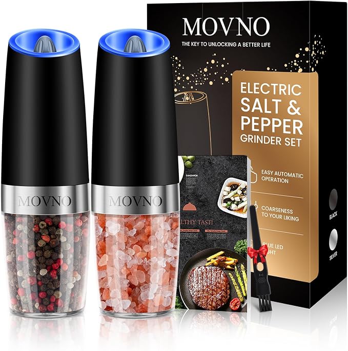 Gravity Electric Salt and Pepper Grinder Set, Battery Powered LED Light One by MOVNO