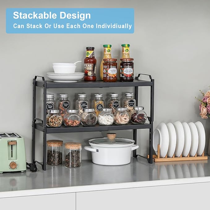 2 Pack Expandable Cabinet Countertop Shelves, Stackable Shelves Organizers - Image 5