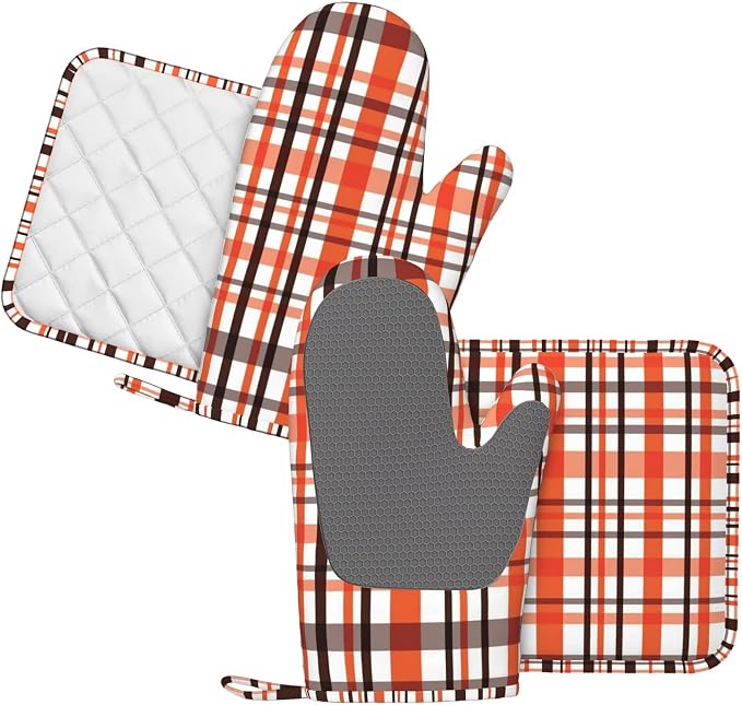 Orange Black Buffalo Plaid Fall Oven Mitts and Pot Holders Set - Image 2