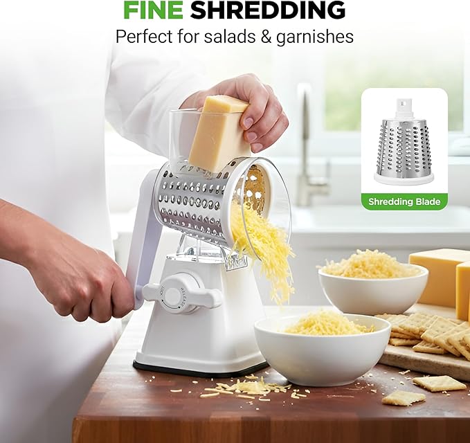 NutriChef 3 in 1 Cheese Grater & Shredder | Strong Suction Base, Rotary Handle - Image 4