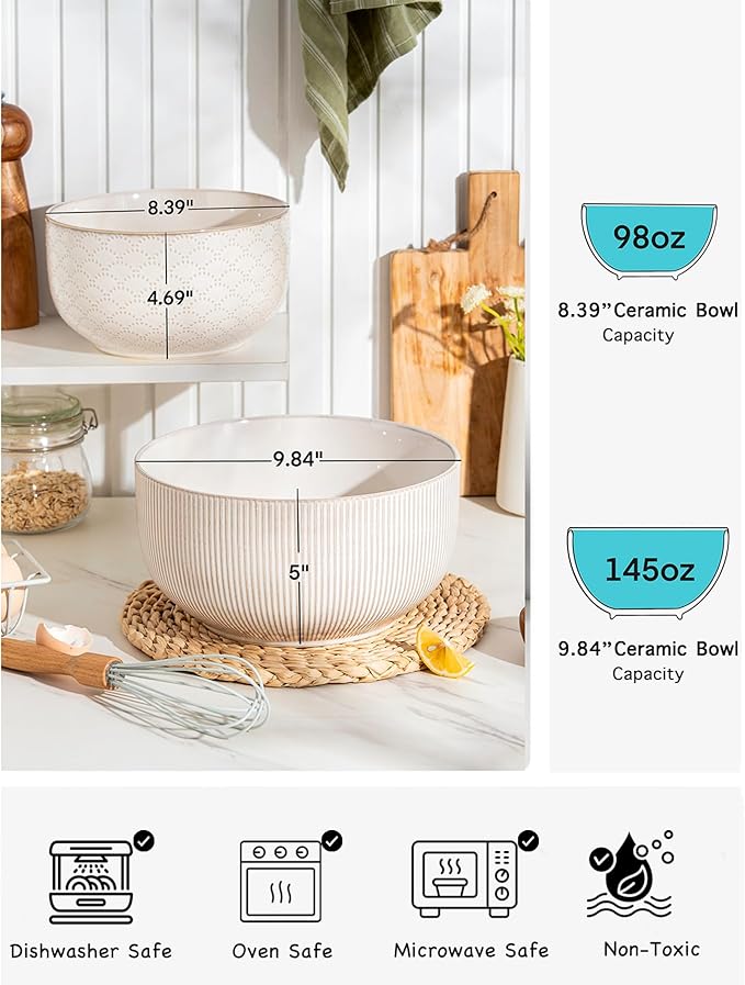 Mikiegy Ceramic Mixing Bowls Set of 2, Nesting Ceramic Embossment Stoneware - Image 3