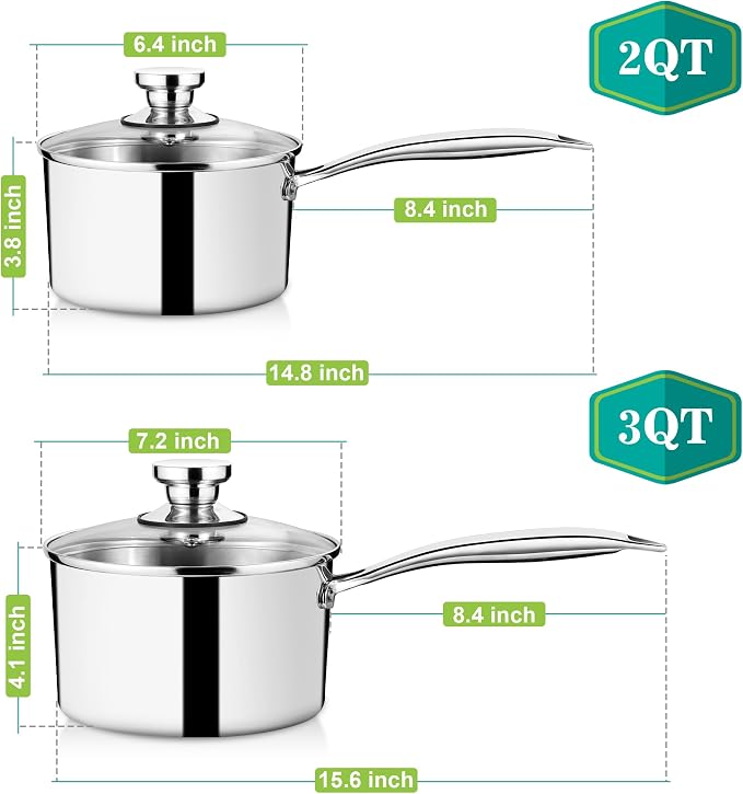 P&P CHEF 2 & 3 Quarts Tri-Ply Stockpot and Saucepan, Stainless Steel Sauce Pan - Image 2
