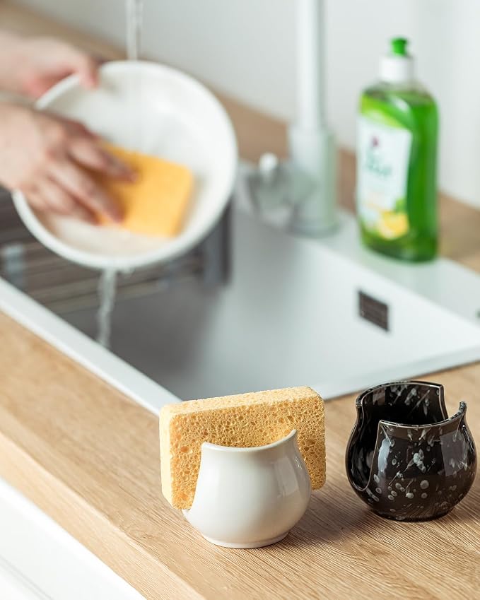 Zoeeker Sponge Holder for Kitchen Sink Counter, Ceramic Dish Sponge Caddy White - Image 7