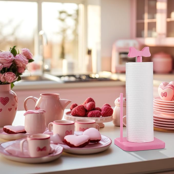 Leinuosen Pink Bow Paper Towel Holder Coquettish Cute Bow Wooden Paper Towel - Image 5