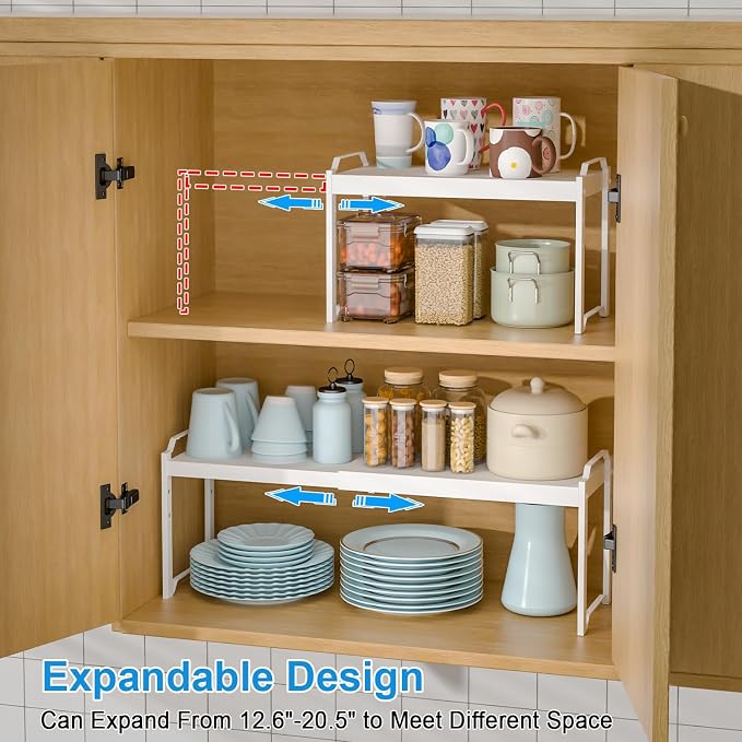 Set of 2 Expandable Kitchen Cabinet Shelves Organizers, Stackable Adjustable - Image 5