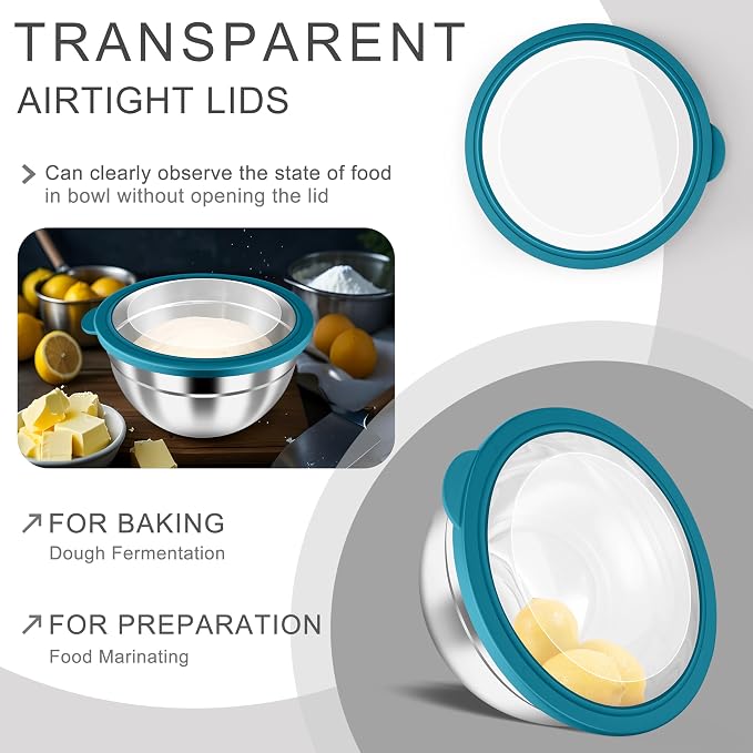 HaWare Mixing Bowls with Airtight Clear Lids, 6-Piece Stainless Steel Strong - Image 3