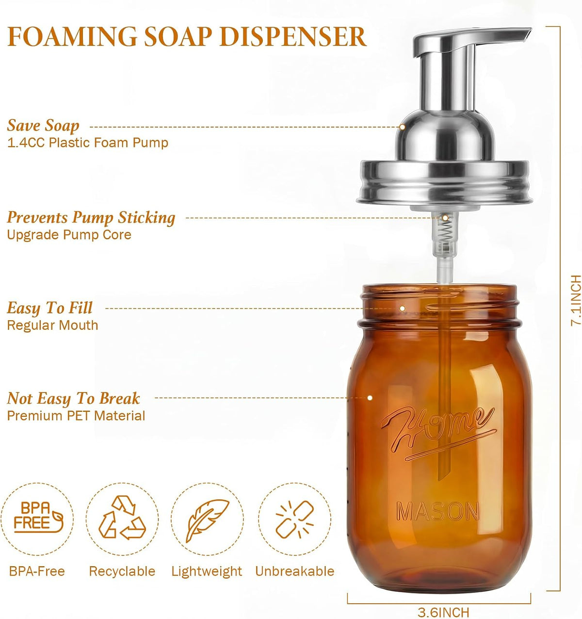 Amolliar Plastic Mason Jar Foaming Soap Dispenser Pump Lid