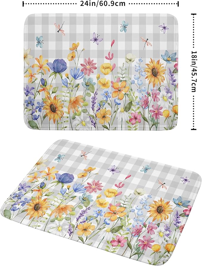 Giwawa Spring Floral Dish Drying Mat, Summer Flower Grey Buffalo Plaids Dish - Image 2