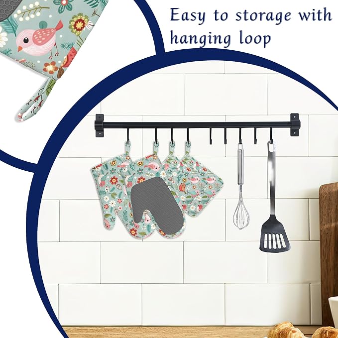Birds Floral Potholders & Oven Mitts Sets Colourful Flowers Silicone Heat - Image 3