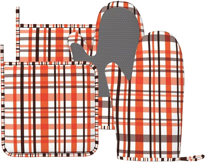 Orange Black Buffalo Plaid Fall Oven Mitts and Pot Holders Set by Unknown