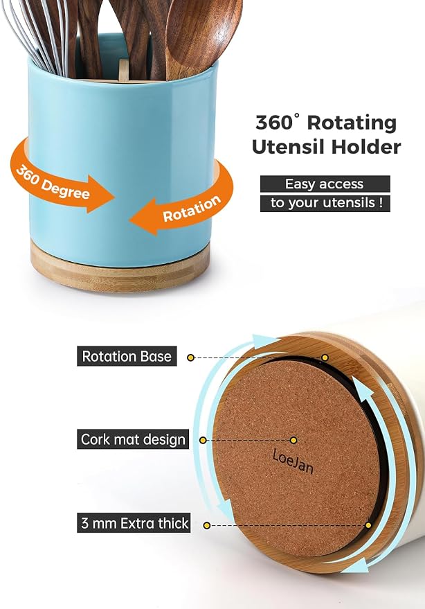 LoeJan 3 Compartment Utensil Holder, Extra Large Utensil Crock, Stable Ceramic - Image 5
