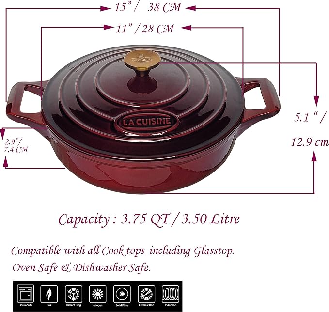 La Cuisine Enameled Cast Iron Braiser Shallow Dutch Oven Braising Sauté Pan - Image 6