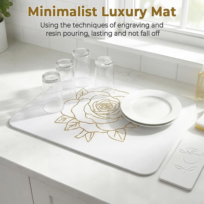 Stone Dish Drying Mat for Kitchen Counter, Glittery Resin Rose Pattern Quick - Image 4