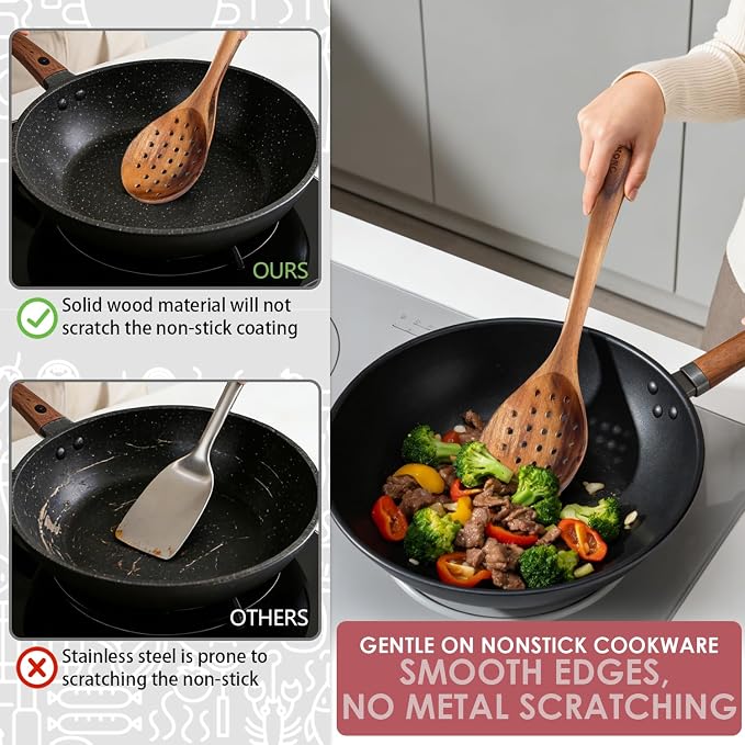 HOWHONG Slotted Spoon Wooden Cooking Utensil, Long Handle Acacia Wood Spoon - Image 5