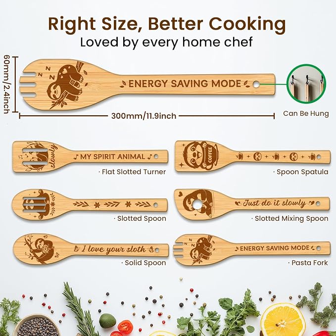 CUTHOLLOW 6PCS Sloths Wooden Kitchen Cooking Utensil Set, 11.9in Non Toxic - Image 2